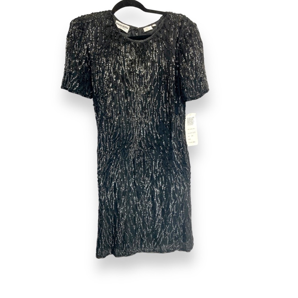 Vintage‎ 1980s Black Silk All Over Sequin Beaded Glam Silky Nites Party Dress 10